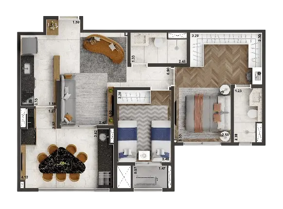 planta-padrão de 70 m²| 2 dorm| (1suíte)