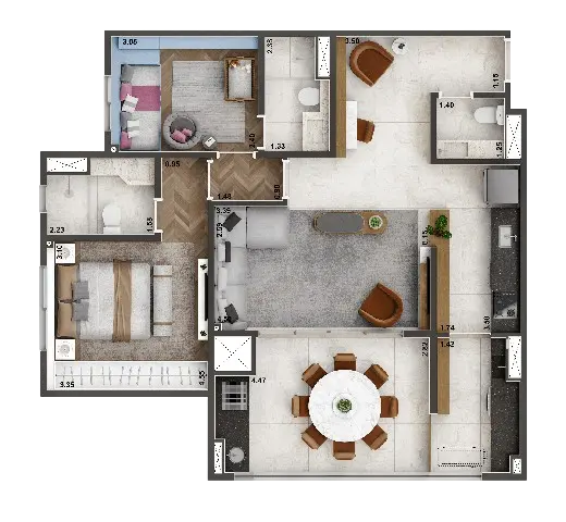 planta-opção de 84 m²| 2 dorm|