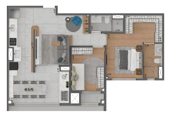 Plant-tipo 71m²| 2 dorms, (1 suítes)