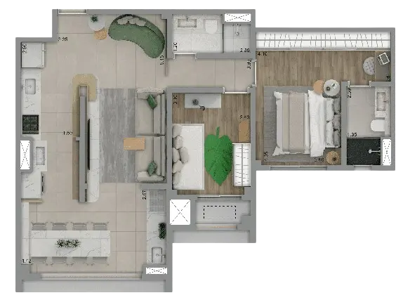 Plant-tipo 72m²| 2 dorms, (1 suítes)